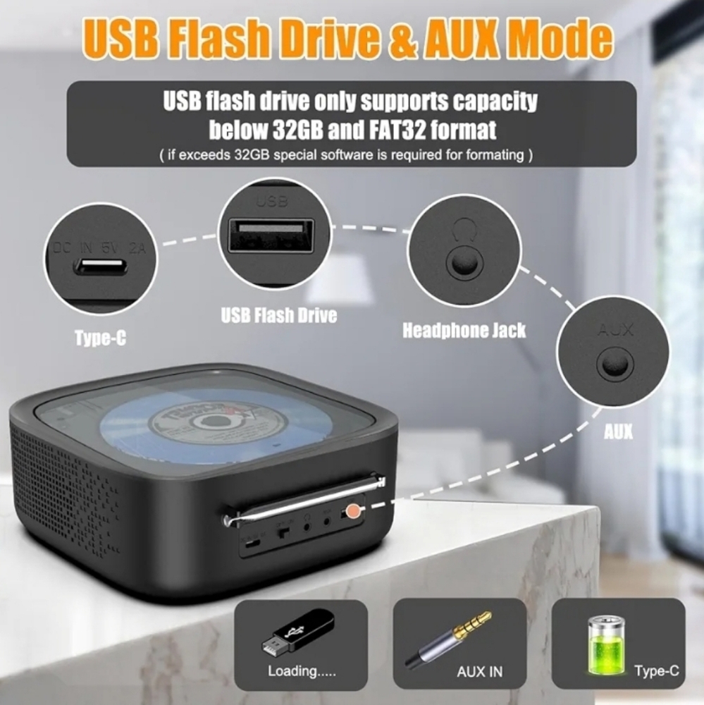 Portable CD Player Bluetooth,Desktop CD Player with Bluetooth Music Boombox Port - Picture 4 of 7